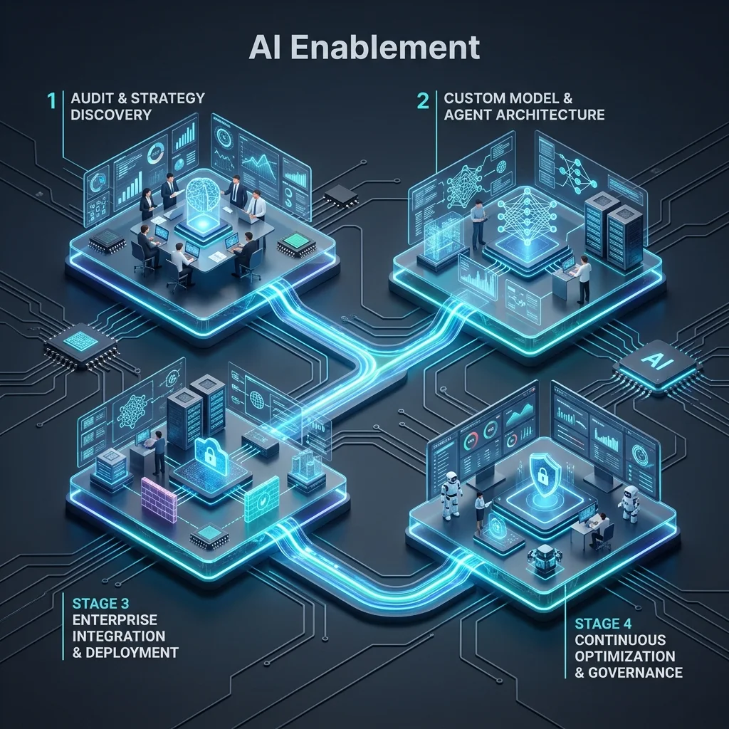 AI Enablement 4-stage process flow diagram illustrating audit, architecture, deployment, and optimization