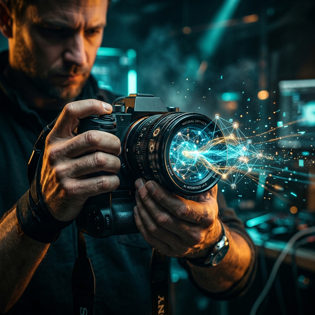 AI in Photography: A camera lens radiating holographic neural network patterns, symbolizing the fusion of AI and visual storytelling
