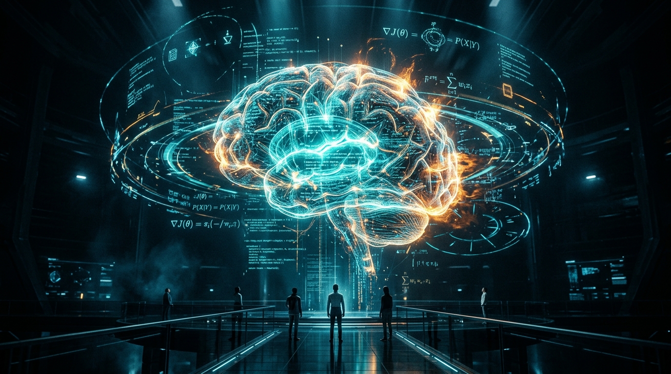 AI To Be Called Superintelligence — a towering luminous digital brain surrounded by data streams, representing the dawn of artificial superintelligence