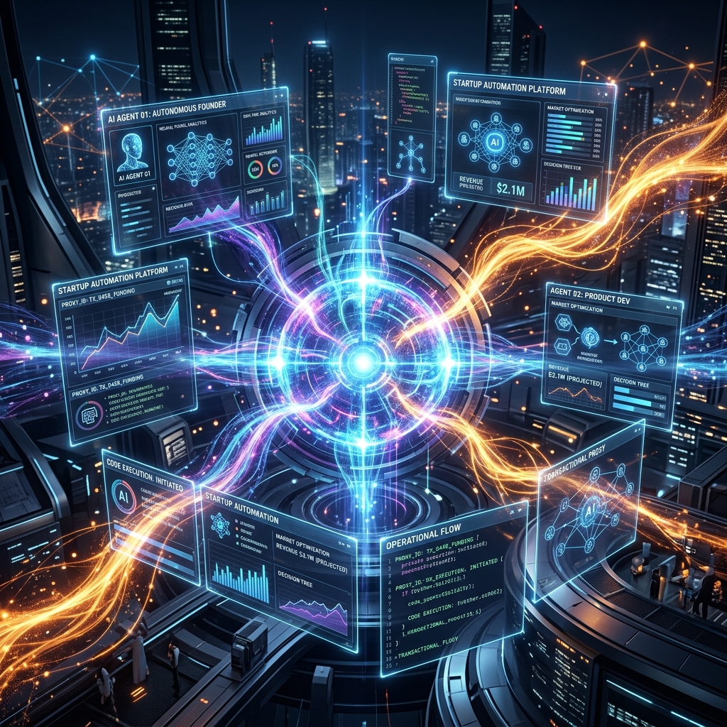 A high-resolution, cinematic corporate tech illustration representing Agentic AI and autonomous startup automation.