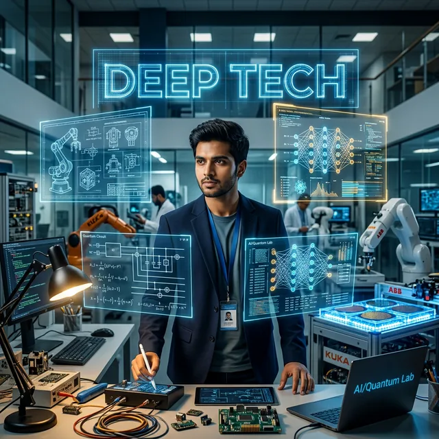 India Deep Tech Education Revolution 2026 — Young engineer in a futuristic AI and robotics lab