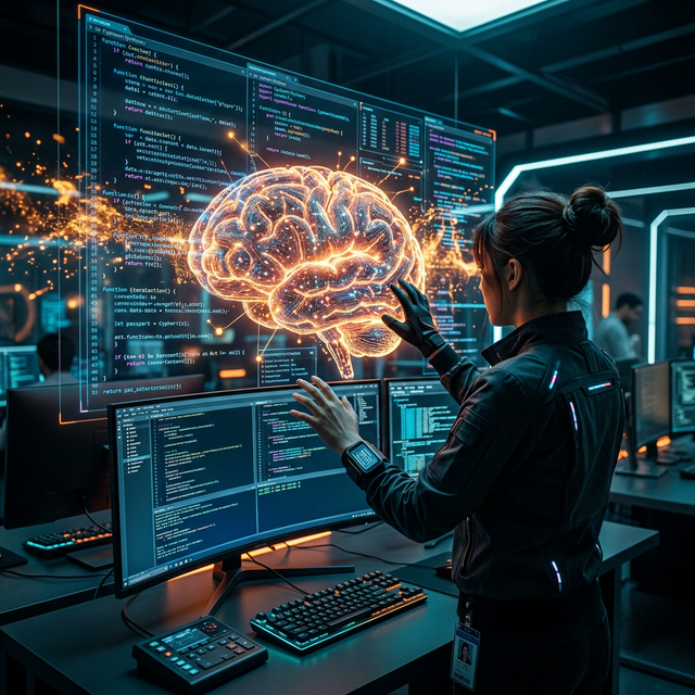 The Future of Developer Jobs: Cover artwork showing a futuristic developer coding scene.