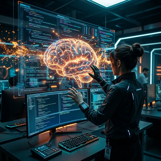 The Future of Developer Jobs: Cover artwork showing a futuristic developer coding scene.