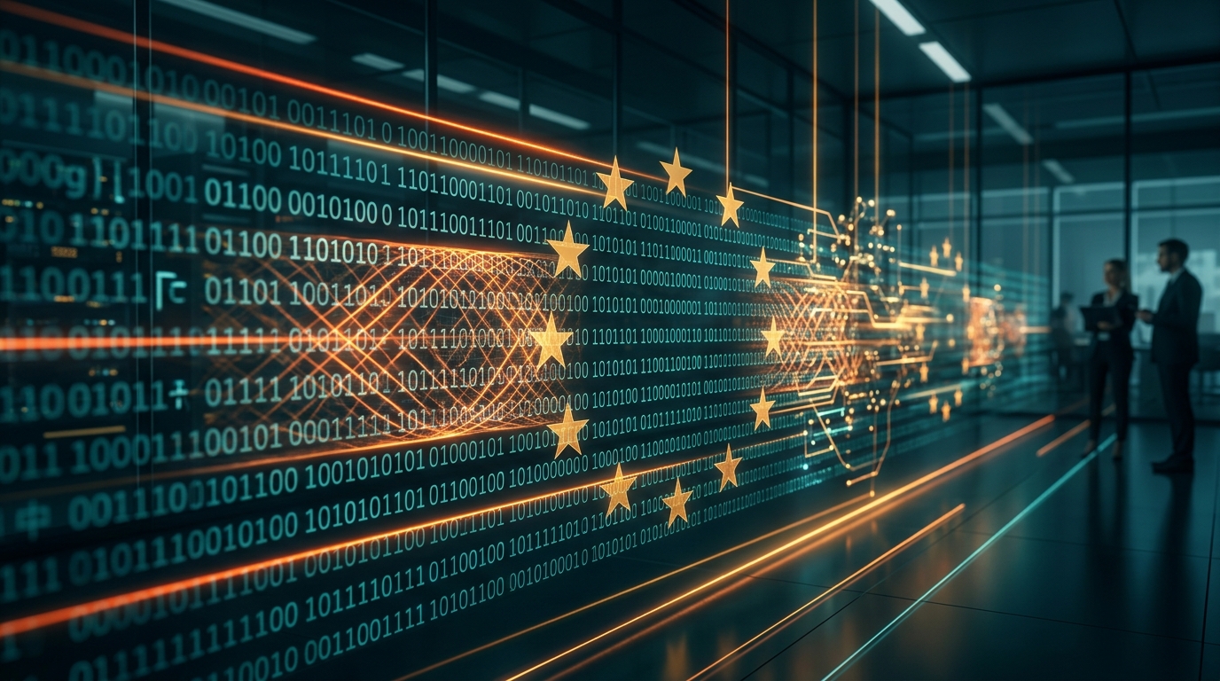 OpenAI textGrain text watermarking technology illustrating glowing cryptographic data streams with EU AI Act regulatory motifs