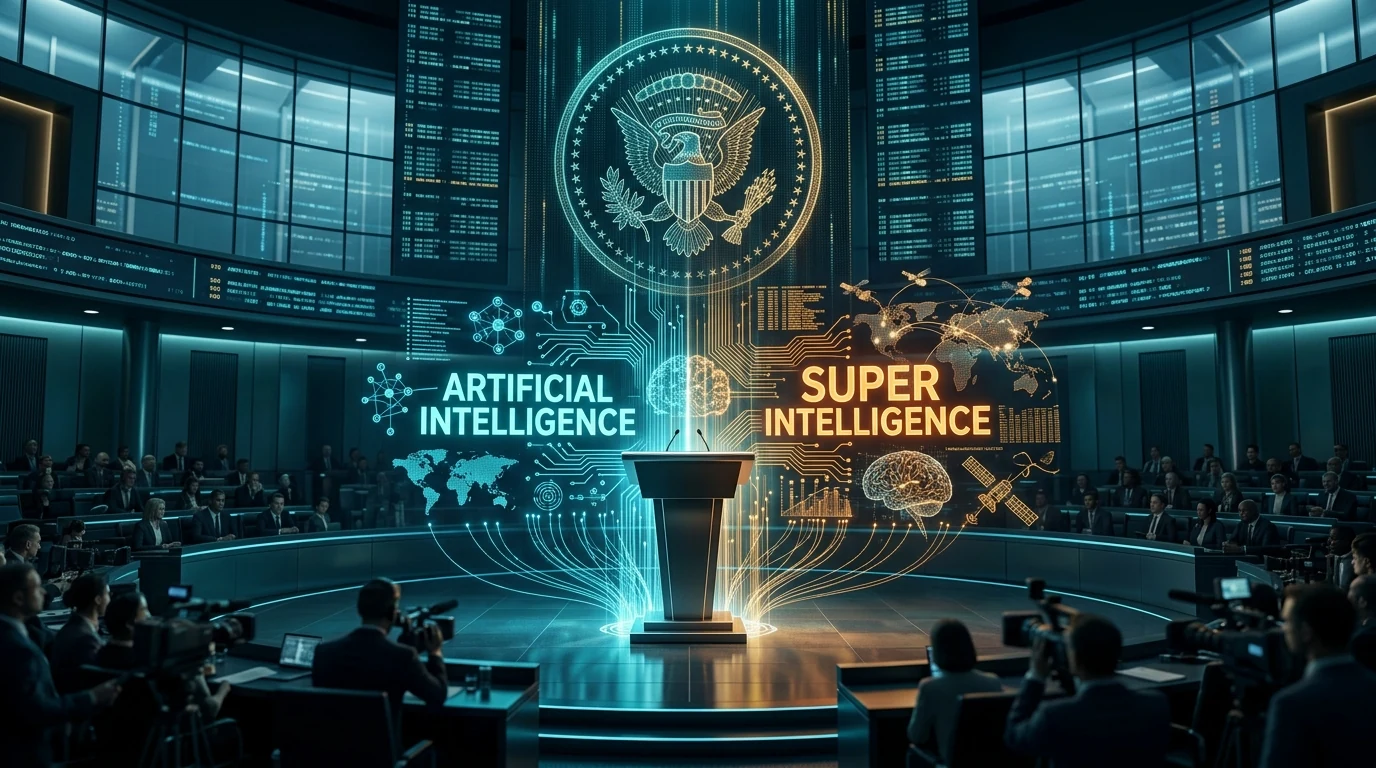 President Donald Trump Artificial Intelligence Enemy vs Super Intelligence holographic briefing
